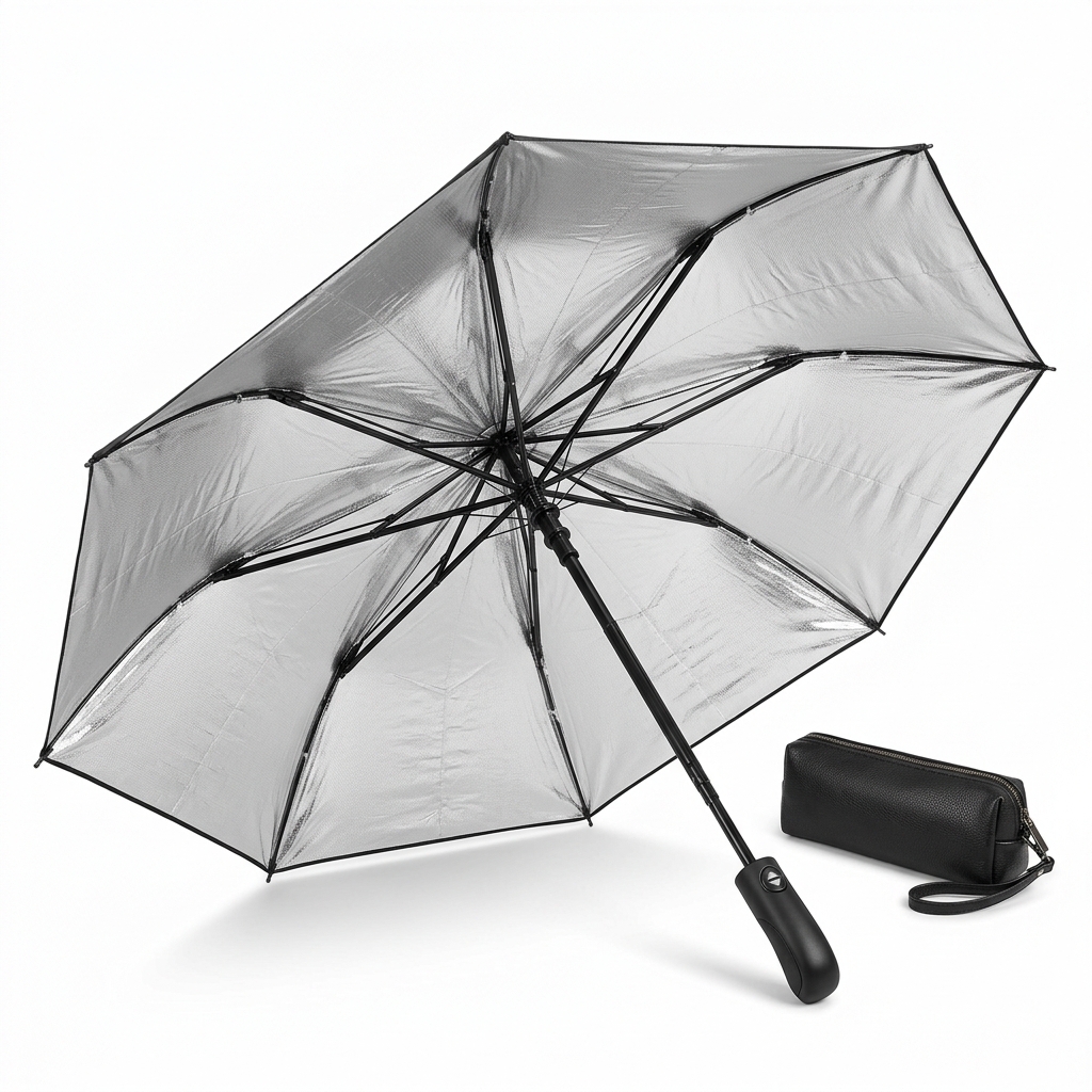 Foldable Umbrella-Style Car Windshield Sunshade with Titanium Silver Coating